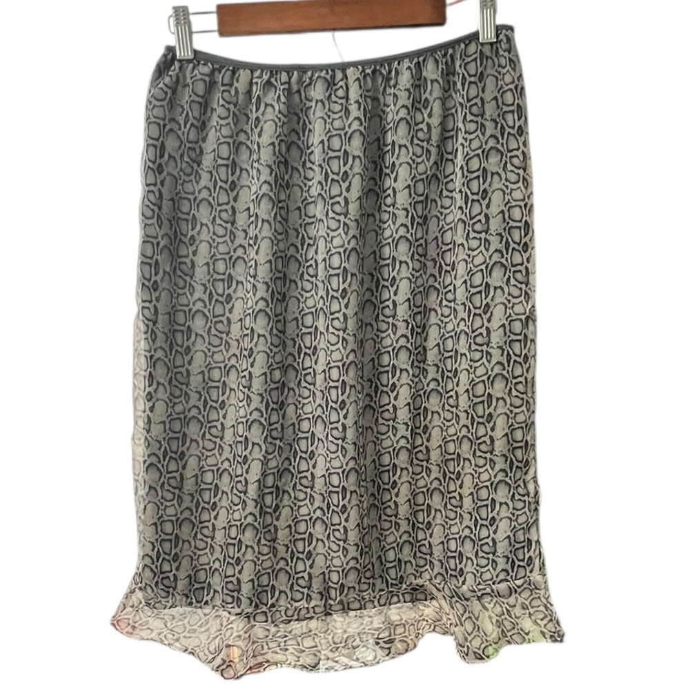 ADAMO Snakeskin Print Midi Skirt Sheer Overlay Elastic Waist L